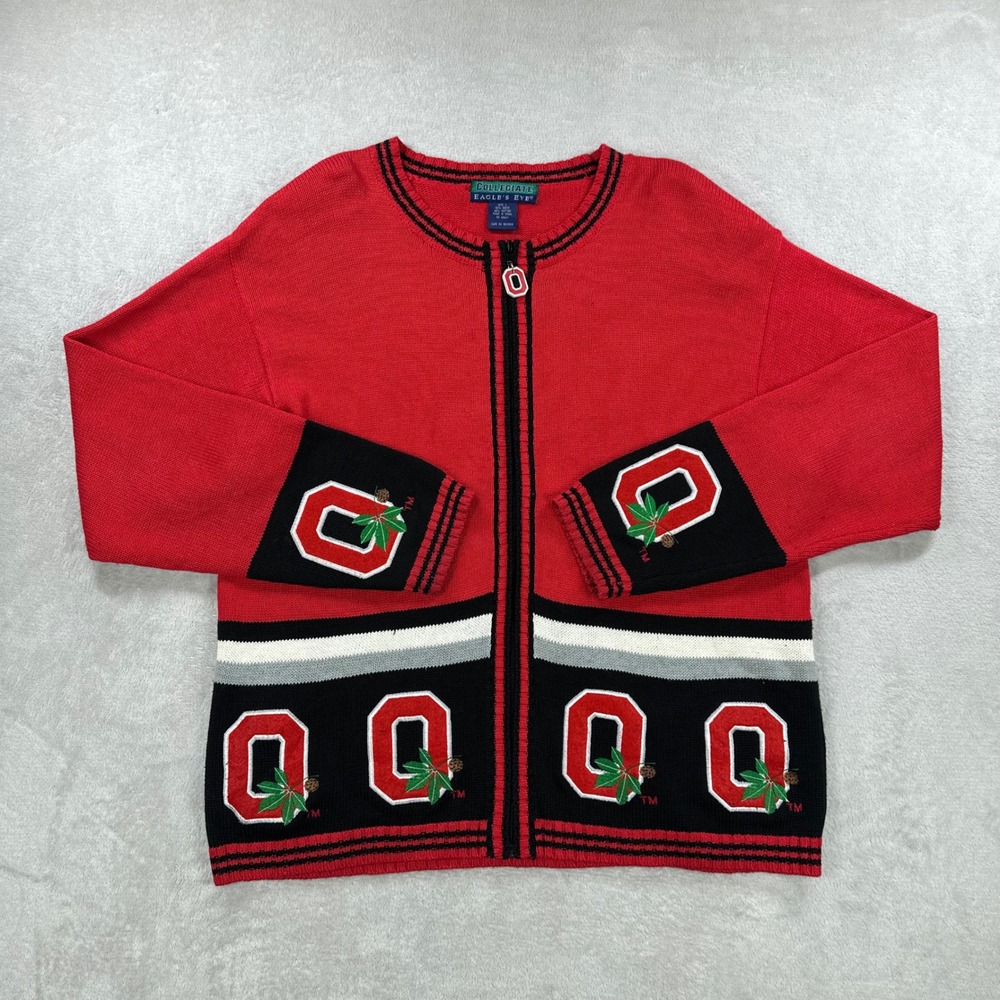 Ohio State Buckeyes Sweater Womens Large Red NCAA Football Eagle's Eye Cardigan